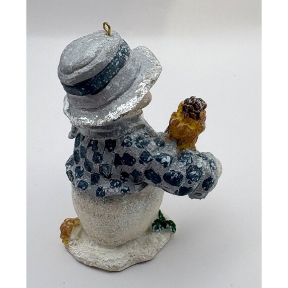 Vintage Snowman Christmas Ornament Holding Red Cardinal Bird Blue Hat & Scarf - Picture 5 of 7